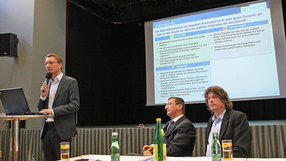 Jürgen Schrampf von der Econsult (links) präsentierte das Entwicklungs- und Betreiberkonzept; zurzeit werden noch an drei Tagen die Woche am Bahnhof Kühnsdorf Güter verladen