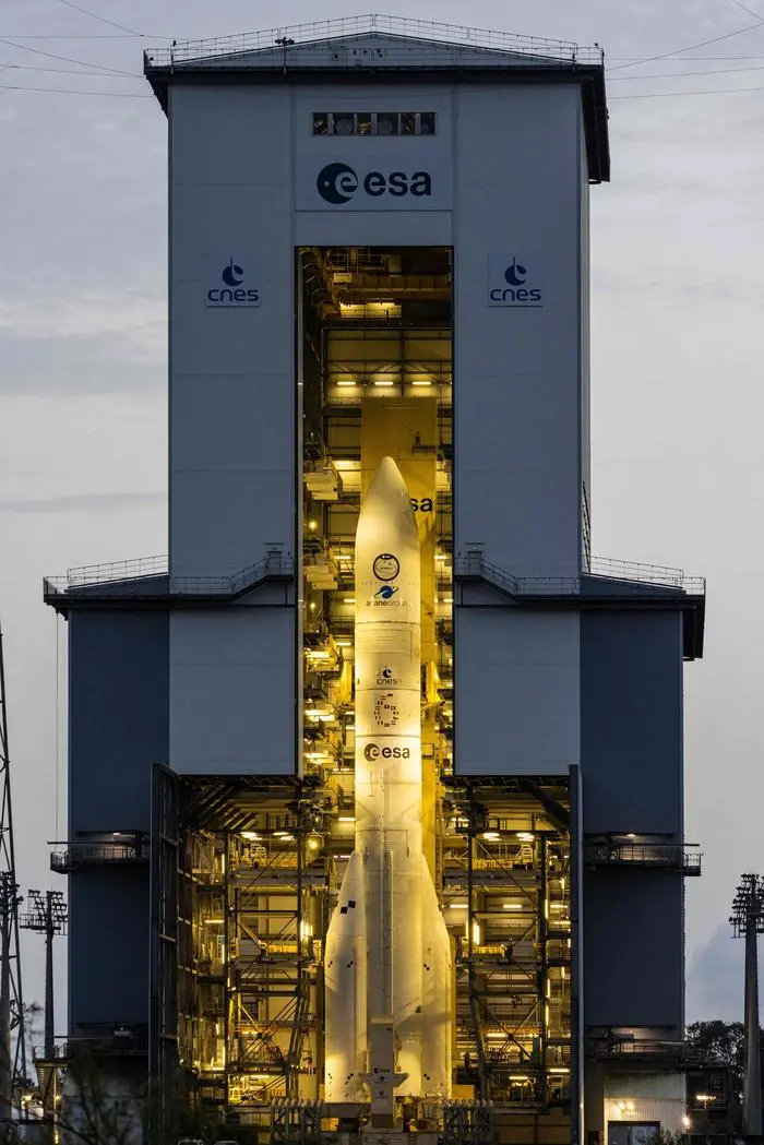 The European Space Agency (ESA) satellite launcher Ariane 6 rocket is seen prior to its maiden launch at the Guiana Space Centre in Kourou, French Guiana, on July 9, 2024. (Photo by jody amiet / AFP)