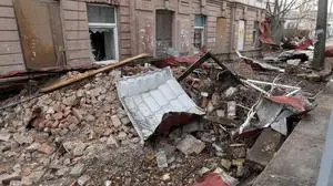 Debris carpets the ground at an administrative building damaged by a Russian drone strike, Dnipro, Ukraine, December 8, 2025. Photo by Mykola Miakshykov/Ukrinform Russian troops attack Dnipro with drone PUBLICATIONxNOTxINxRUSxBLR Copyright: xMykolaxMiakshykovx