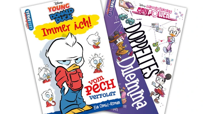 "Immer ich! Vom Pech verfolgt" heißt der erste Comic-Roman, der einen zwölfjährigen Donald Duck zeigt. Minnie und Daisy gehen in "Doppeltes Dilemma" als Geheimagentinnen an den Start. Die Lesetexte sind auf jeder Seite mit vielen Bildern garniert, beide Romane sind als "Lustiges Taschenbuch" ab 16. Juli im Handel. Der Egmont Ehapa-Verlag bezeichnet es als "Revolution aus Entenhausen". "Mit dem "Lustiges Taschenbuch Lesespaß" bringen wir eine echte Neuerung in den Zeitschriften- und Buchhandel", sagt Global Creative Director Peter Höpfner. 