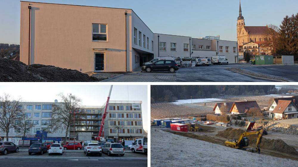 Das Pflegeheim in Pischelsdorf (oben) wird bald eröffnet, das Bezirkspflegeheim Gleisdorf (links) wird erweitert und das Pflegeheim in Ilztal (rechts) wird bald gebaut