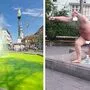 Eisernes Tor: einmal ist der Brunnen grün gefärbt, einmal "Planschbecken" zum Nacktbaden