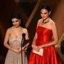 Israeli actress Gal Gadot (R) and US actress Rachel Zegler present the award for Best Visual Effects onstage during the 97th Annual Academy Awards at the Dolby Theatre in Hollywood, California on March 2, 2025. (Photo by Patrick T. Fallon / AFP)