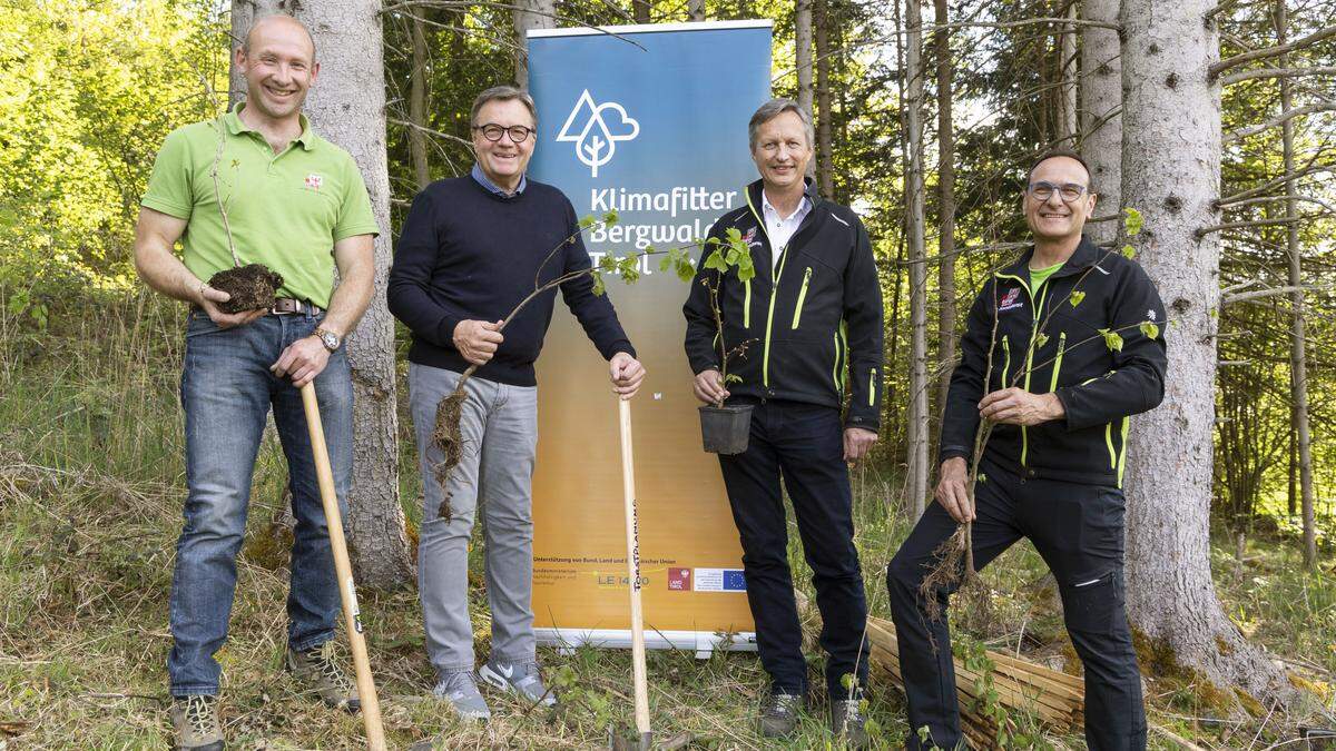 Christian Annewanter, in der Abteilung Forstorganisation zuständig für die Forstgärten, Landeshauptmann Platter, Landesforstdirektor Josef Fuchs und Kurt Ziegner, Vorstand der Abteilung Forstplanung