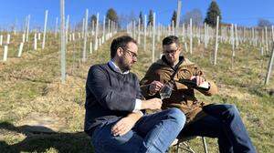 Schauer und Kollegger beim Verkosten im Weingarten
