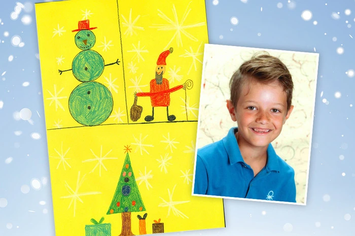 2. Dezember: Matthias Friedl (8) aus Wolfsberg hat eine verschneite Weihnachtslandschaft mit einem Schneemann, den Nikolo und einen bunt geschmückten Christbaum mit Geschenken gezeichnet