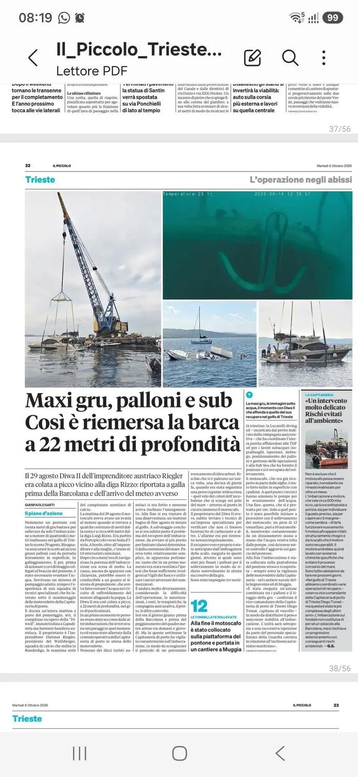Il Piccolo berichtet ganzseitig von der Bergung
