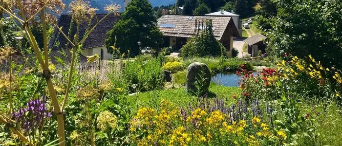Ein bunt blühender Kräutergarten, im Hintergrund eine Kirchturmspitze