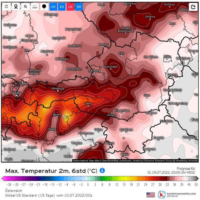 Laut US-Prognosemodell GFS könnte am Dienstag, 19. Juli, die 40-Grad-Marke in Ostösterreich geknackt werden