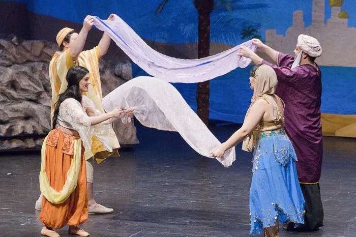 Das Stück erzählte die spannende Geschichte von Aladdin, einem armen, aber cleveren jungen Mann. Aladdin lebt mit seiner Mutter im märchenhaften Agrabah, einer prächtigen orientalischen Stadt.