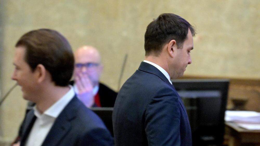 Der Angeklagte Sebastian Kurz (l) und der als Zeuge geladene Ex-ÖBAG-Chef Thomas Schmid im Prozess. | Der Angeklagte Sebastian Kurz (l) und der als Zeuge geladene Ex-ÖBAG-Chef Thomas Schmid im Prozess.