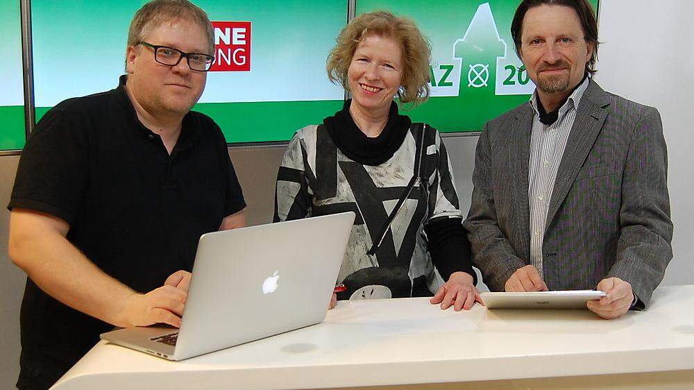 Unser Team im Wahl-Studio: Videochef Markus Leodolter, Claudia Gigler, Ernst Sittinger