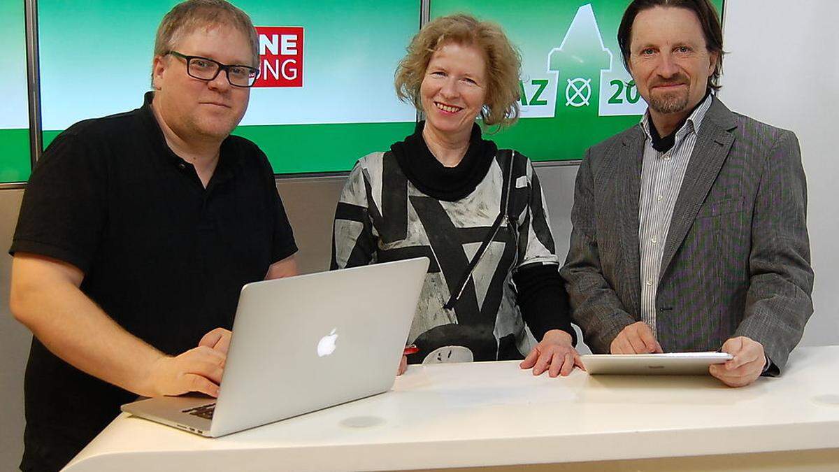 Unser Team im Wahl-Studio: Videochef Markus Leodolter, Claudia Gigler, Ernst Sittinger