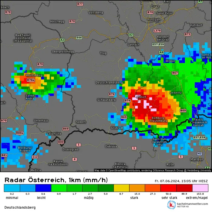 Radarbild von der Gewitterzelle über dem Sulmtal