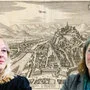 Kulturstadträtin Unger (ÖVP) und Bürgermeisterin Kahr (KPÖ) vor einem Graz-Kupferstich von Wenzel Hollar aus dem Jahr 1645