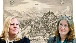 Kulturstadträtin Unger (ÖVP) und Bürgermeisterin Kahr (KPÖ) vor einem Graz-Kupferstich von Wenzel Hollar aus dem Jahr 1645