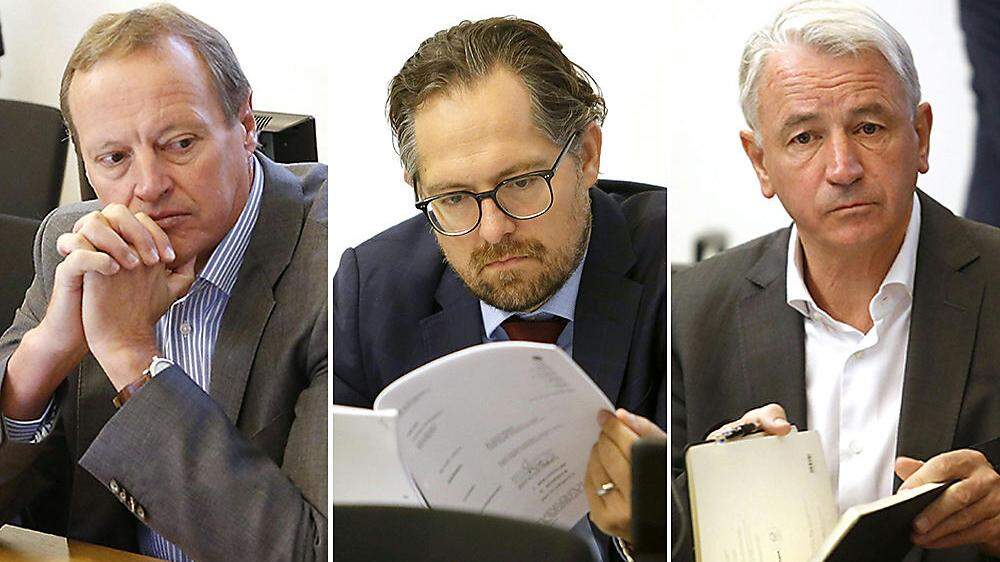 Die Angeklagten Günter Striedinger, Hermann Gabriel, Wolfgang Kulterer am Dienstag vor Prozessbeginn in Klagenfurt