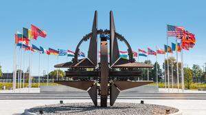 BRUSSELS, BELGIUM - May 13, 2019: Nato star sculpture in Brussels. NATO Headquarters - Political and Administrative Center for the North Atlantic Alliance
