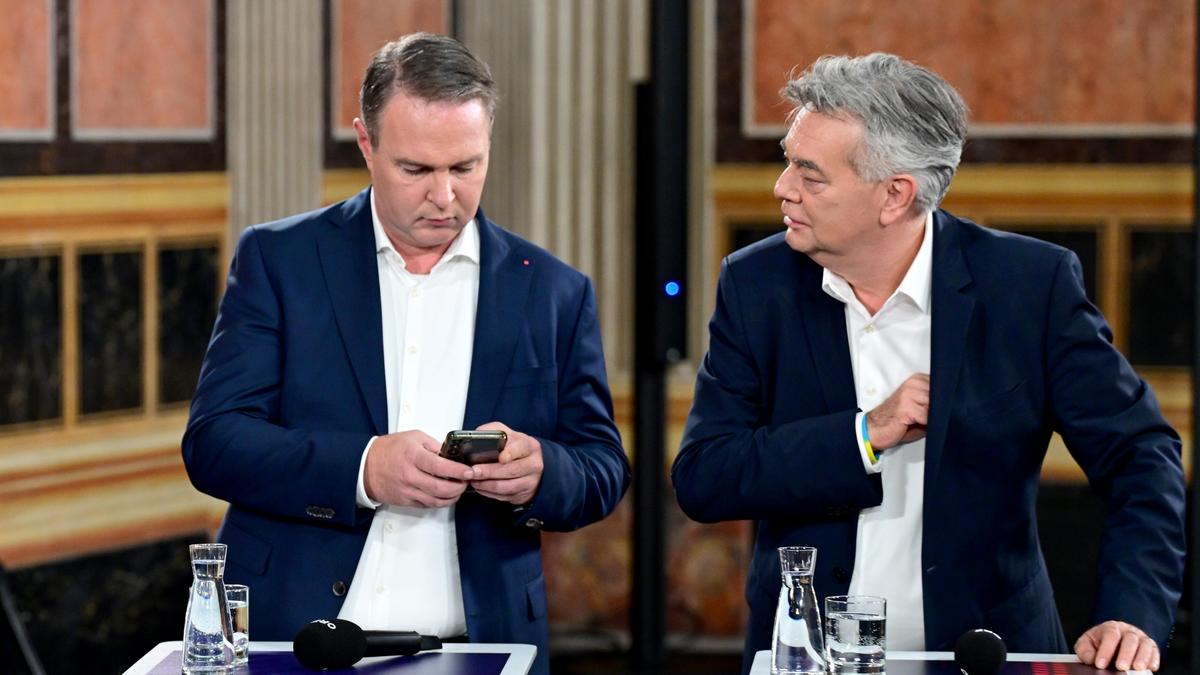 FPÖ-Chef Herbert Kickl, SPÖ-Chef Andreas Babler und Vizekanzler Werner Kogler (Grüne) am Sonntag nach der ersten Hochrechnung 