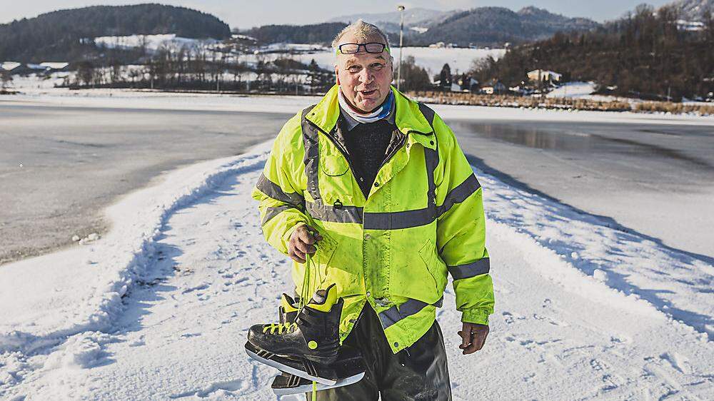 Hannes Weiss vom Radlerstop in St. Veit schnürt schon die Eisschuhe