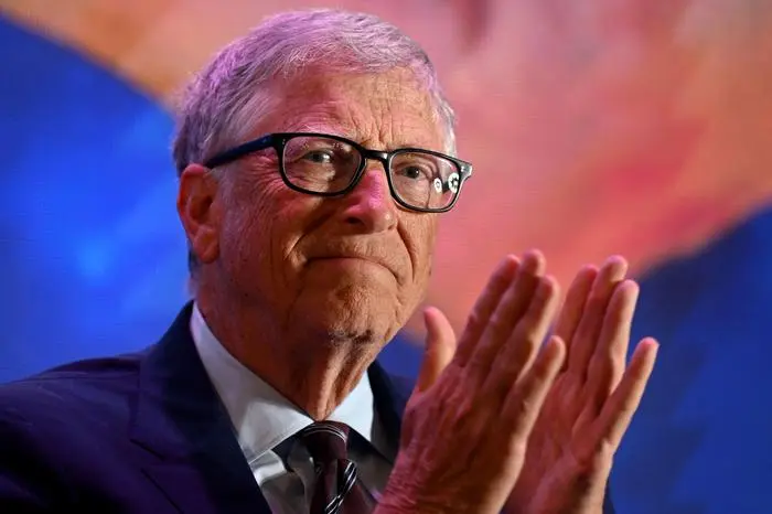 American philanthropist and Microsoft co-founder Bill Gates gestures during an event in New Delhi on March 19, 2025. (Photo by Arun SANKAR / AFP)