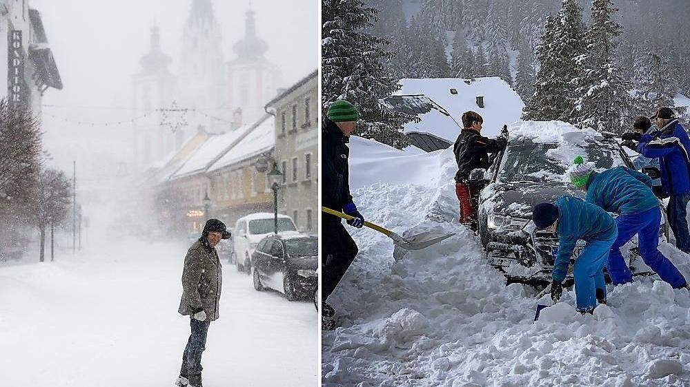 Schneesturm in Mariazell, Auto freischaufeln auf der Planneralm