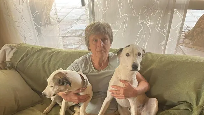 Bibiana Steiner mit ihren Hunden Oreo und Frieda, die sie vor Ort gerettet hat. Sie zurückzulassen, würde für die Tiere den sicheren Tod bedeuten