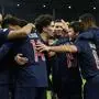 Paris Saint-Germain's French midfielder #14 Desire Doue celebrates scoring his team's third goal with his team mates during the UEFA Champions League football match between FC RB Salzburg and Paris Saint-Germain in Salzburg, Austria on December 10, 2024. (Photo by Franck FIFE / AFP)