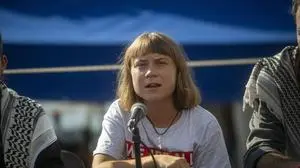 The Global Sumud Flotilla Departs From Barcelona To Gaza With More Than 20 Ships And More Than 300 People Activist Greta Thunberg during the press conference to the Global Sunat Flotilla at the Port of Barcelona on August 31, 2025, in Barcelona, Catalonia, Spain. The Global Sumud Flotilla sets sail from Barcelona towards Gaza in the largest civilian maritime solidarity action ever recorded. BARCELONA Spain PUBLICATIONxNOTxINxFRA Copyright: xLorenaxSopenax originalFilename: sopenalopez-barcelon250831_npDJb.jpg