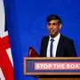 Britain's Prime Minister Rishi Sunak reacts as he speaks during a press conference, at the Downing Street Briefing Room, in central London, on April 22, 2024 regarding the Britain and Rwanda treaty to transfer illegal migrants to the African country. Rishi Sunak promised on April 22, 2024 that deportation flights of asylum seekers to Rwanda will begin in "10 to 12 weeks", as the plan entered its final stage in parliament. (Photo by Toby Melville / POOL / AFP)