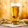 glass of beer with wheat on a wooden table background