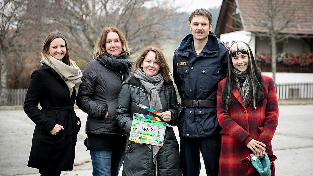 Teil des Teams von &quot;Immerstill&quot;: Livia Graf (Graf Film), Kamerafrau Eva Testor, Regisseurin Eva Spreitzhofer sowie die Darsteller Michael Glantschnig und Christina Cervenka (von links)