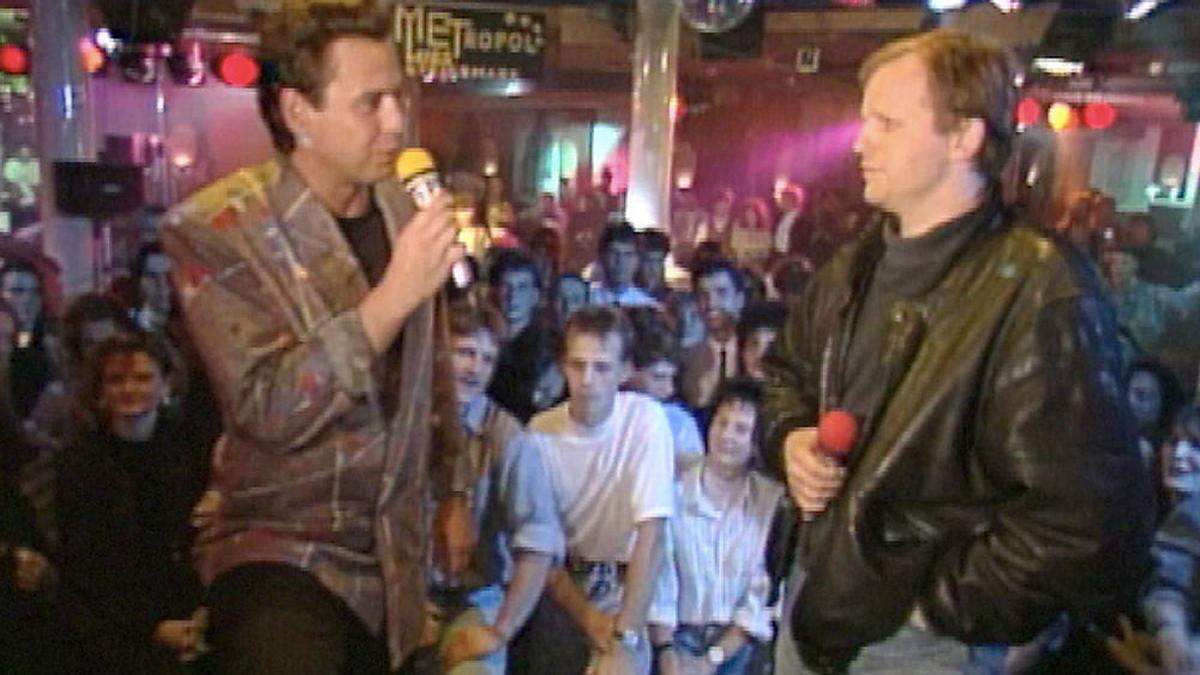 Goldene Ära im Metropol in Wies. „Mister Hitparade“ Udo Huber mit dem aufstrebenden Herbert Grönemeyer im Oktober 1990