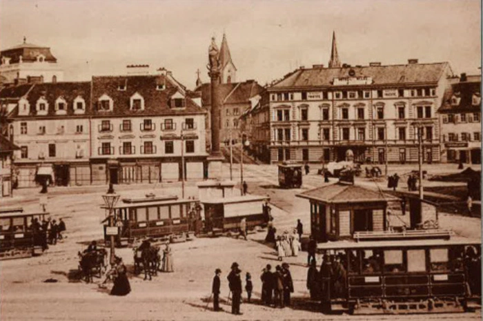 Die "Elektrische" fuhr über den Jakominiplatz - ein Blick auf die Anfänge des Rondeaus.