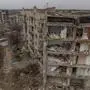 TOPSHOT - This aerial photograph taken on February 1, 2024, shows residential buildings destroyed by shelling in Izyum, Kharkiv region, amid the Russian invasion of Ukraine. (Photo by Roman PILIPEY / AFP)