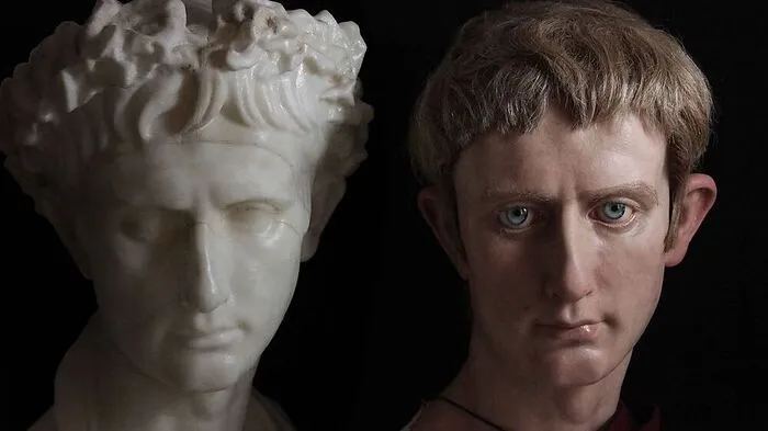 Die Büste von Kaiser Augustus neben der hyperrealistischen Darstellung Ruanos. 