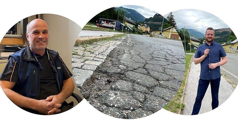 Die Straßenschäden der B115 im Ortsgebiet von Eisenerz sind, wie auch jene zwischen Hafning und Vordernberg, bereits gefährlich, wie Unternehmer Franz Haidn und Bürgermeister Thomas Rauninger (r.) kritisieren