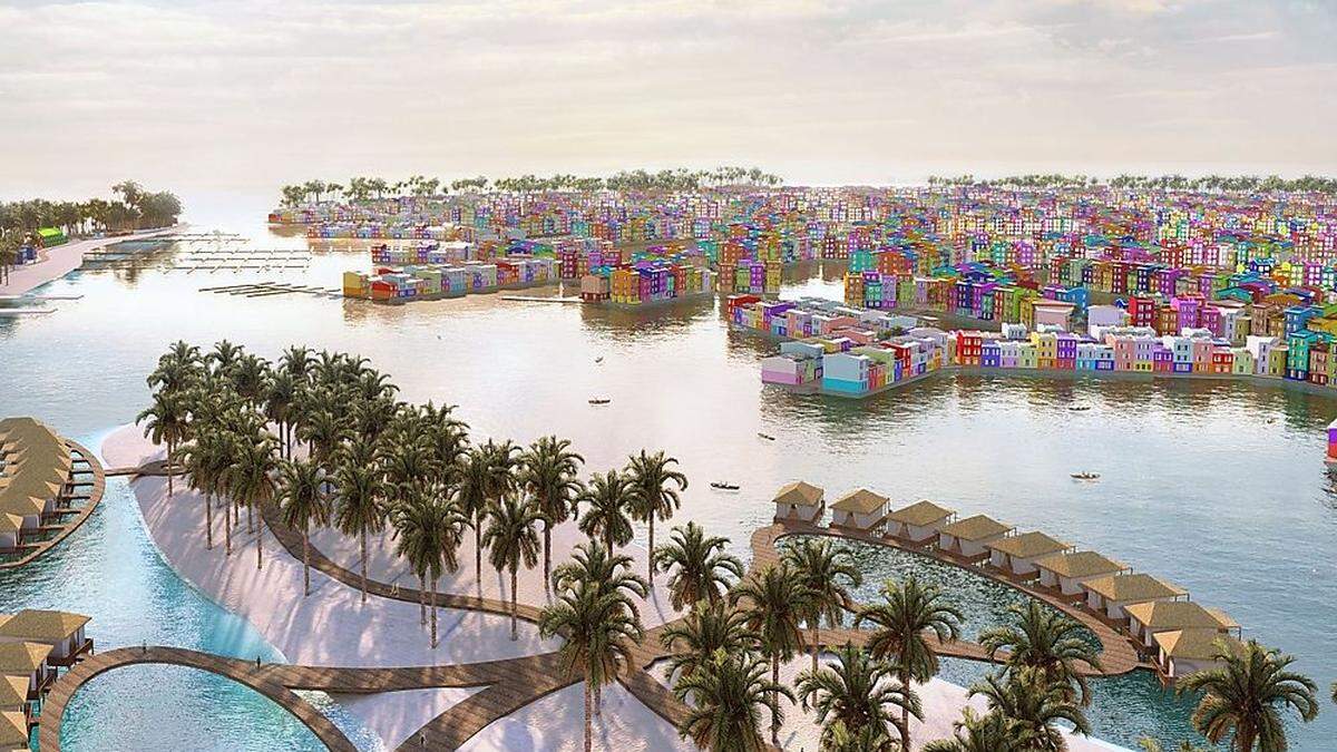 Auf den Malediven soll die schwimmende Stadt „Floating City“ entstehen – der Clou daran sind zu Wasser gelassene Betonpanele, die dann miteinander verbunden werden können