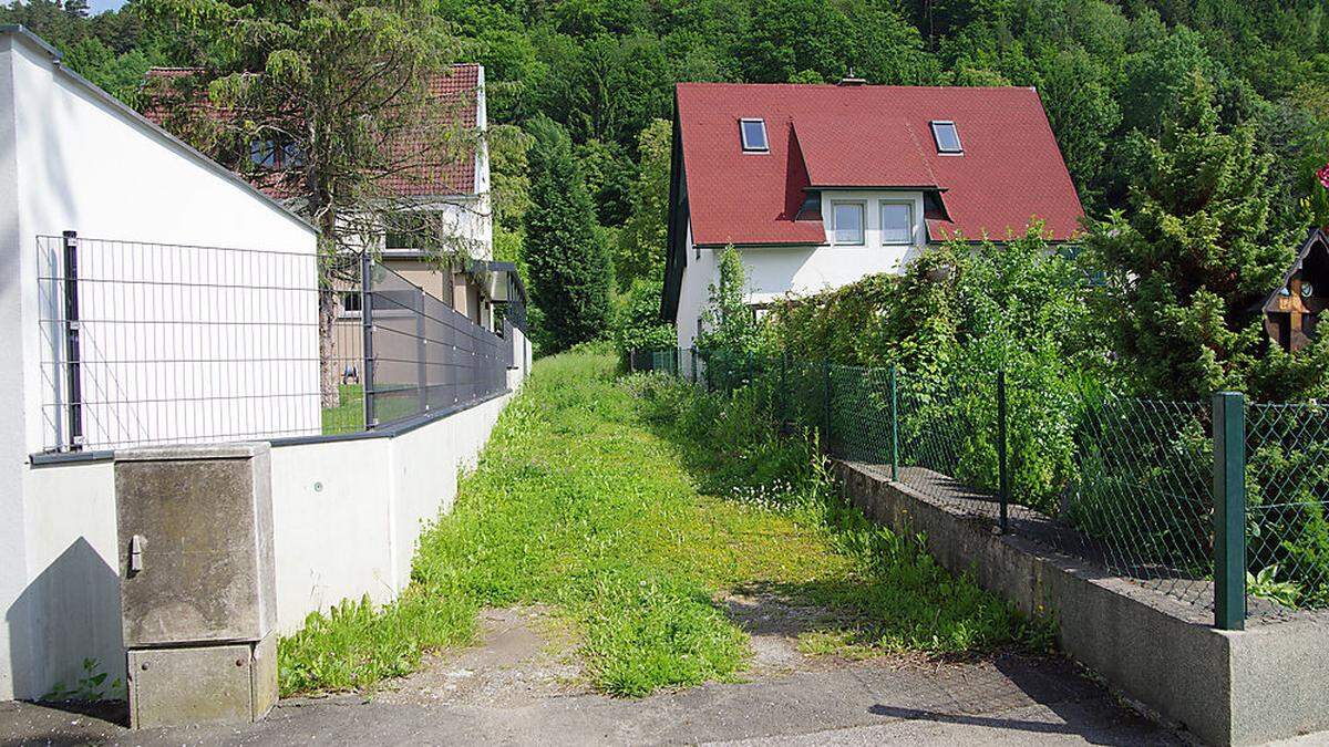 Dieser Wiesenweg wird die Zu- und Abfahrt zu den neuen Wohnungen, die unmittelbar dahinter errichtet werden. Rechts im Bild das Haus von Josefa McGrevy, die sich bis zuletzt wehrt