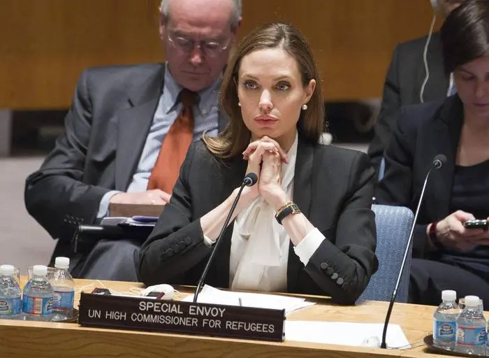 Actress Angelina Jolie R, Special Envoy to the United Nations High Commissioner for Refugees, speaks during a meeting of the United Nations Security Council on Women and Peace and Security and Sexual Violence in Conflict at the United Nations Headquarters in New York City on June 24, 2013. UN Photo/Rick Bajornas PUBLICATIONxINxGERxSUIxAUTxHUNxONLY NYX20130624104