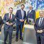 Die EU-Mandatare Hannes Heide (SPÖ), Harald Vilimsky (FPÖ) und Lukas Mandl (ÖVP) im Landtag mir Präsident Reinhart Rohr und LH Peter Kaiser