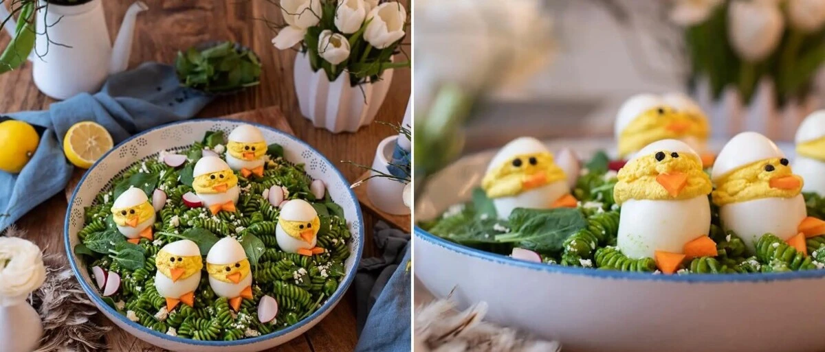 So süß kommt der Oster-Lunch heuer daher: gefüllte Eier als „Piepalan“, zu deutsch Küken.