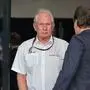 Red Bull Racing team advisor Helmut Marko talks to an acquaintance in the paddocks ahead of the Saudi Arabian Formula One Grand Prix at the Jeddah Corniche Circuit in Jeddah on March 9, 2024. (Photo by Giuseppe CACACE / AFP)