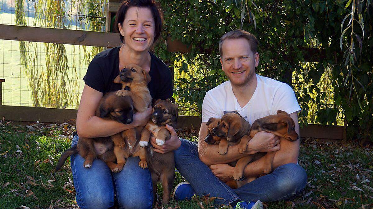 Christine und Robert Birnstingl mit ihren sechs Welpen