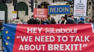 Protest Ahead Of The Fifth Anniversary Of Brexit In London LONDON, UNITED KINGDOM - JANUARY 29, 2025: Pro-EU demonstrators protest outside the Houses of Parliament against Brexit ahead of the fifth anniversary of Britain s official departure from the European Union in London, United Kingdom on January 29, 2025. London Greater London United Kingdom PUBLICATIONxNOTxINxFRA Copyright: xWIktorxSzymanowiczx originalFilename: szymanowicz-protesta250129_nphAP.jpg
