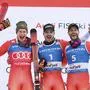 HAFJELL,NORWAY,15.MAR.25 - ALPINE SKIING - FIS World Cup, giant slalom, men. Image shows the rejoicing of Marco Odermatt (SUI), Loic Meillard (SUI) and Thomas Tumler (SUI).
Photo: GEPA pictures/ Wolfgang Grebien