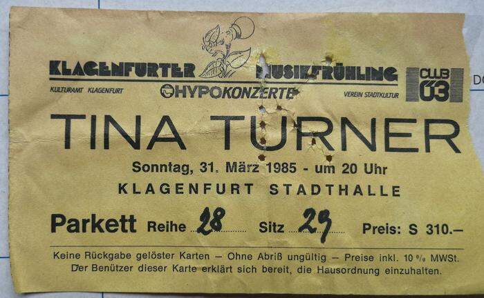 Karte vom Konzert von Tina Turner in Klagenfurt im Jahr 1985