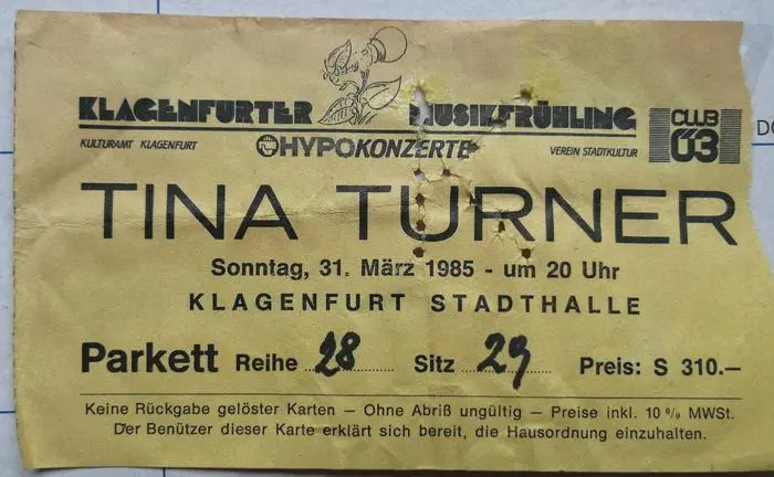 Karte vom Konzert von Tina Turner in Klagenfurt im Jahr 1985
