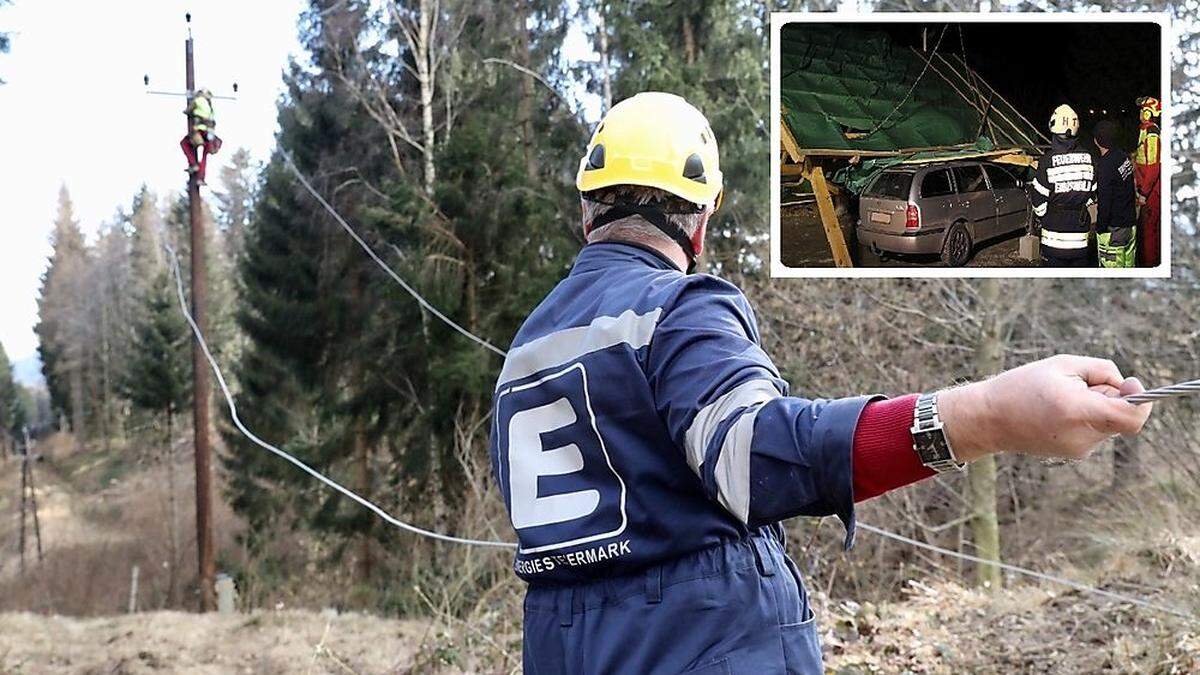 Der Sturm sorgte in der Weststeiermark für viele Stromausfälle, bei Eibiswald begrub ein eingestürztes Carport zwei Autos unter sich