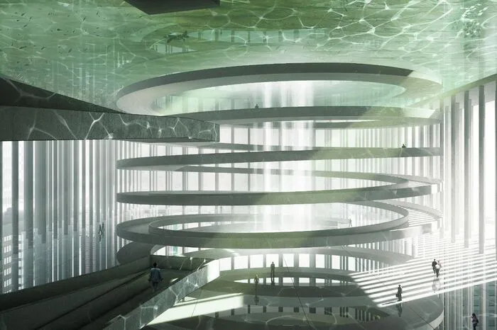 Eine Utopie wird wohl der „Essence Skyscraper“ der polnischen Architekten von BOMP bleiben: Ihr Entwurf eines 630 Meter hohen Wolkenkratzers für Megacitys beherbergt drei Landschaften. Ganz oben befindet sich ein Gletscher, dessen Wasser in einen Dschungel abtropft und schließlich in einem künstlichen Ozean landet.  